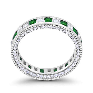 Eternity Ring Alternating Round Simulated Green Emerald CZ Solid 925 Sterling Silver